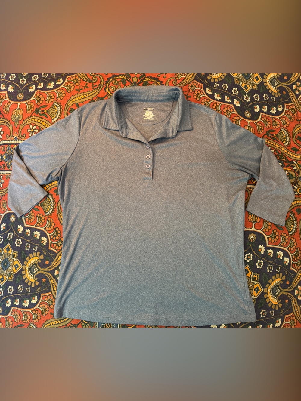Women's Heathered Slate Blue Polo with Three-Button Placket 3/4 length sleeve